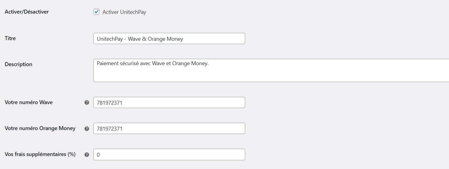 Paramètres UnitechPay